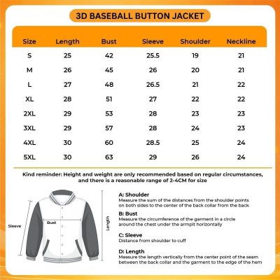 3D Baseball Button Jacket Size Chart - Hannibal Merch