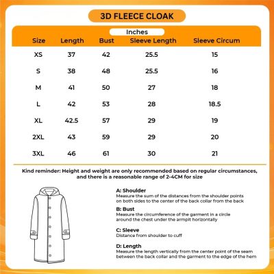 3D Fleece Cloak Size Chart - Hannibal Merch